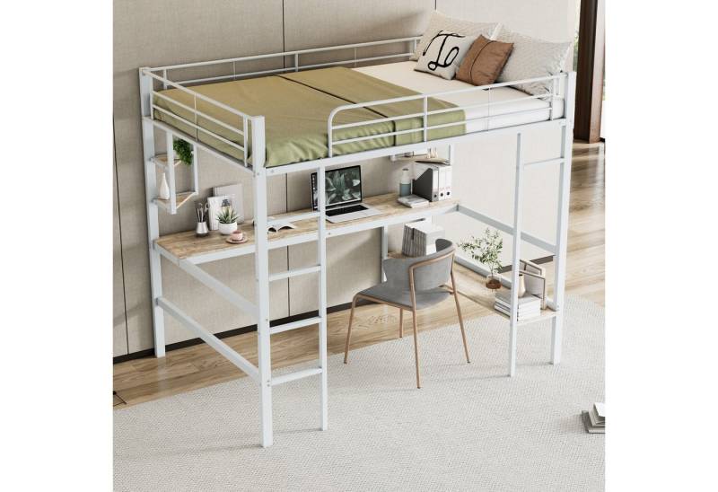 HAUSS SPOLE Hochbett 140x200cm Eisenbett mit Schreibtisch, 4 Regalen, Bücherregal Weiß (Regalen und Bücherregal für Kinder, Jugendliche und Erwachsene, 140x200cm) ohne Matratze von HAUSS SPOLE