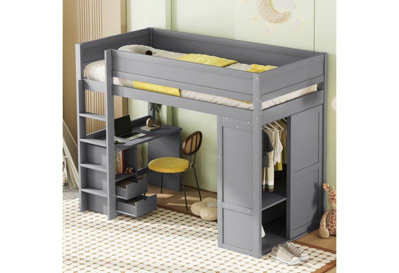 HAUSS SPOLE Hochbett 90*200cm mit Kleiderschrank, Schreibtisch und Schubladen, Grau Ohne Matratze von HAUSS SPOLE