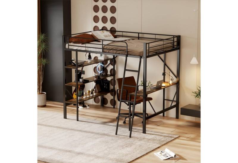 HAUSS SPOLE Hochbett 90x200cm mit Schreibtisch und 3 großen Ablagen für Kinder, schwarz von HAUSS SPOLE