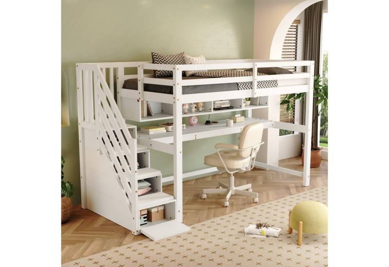 HAUSS SPOLE Hochbett 90x200cm mit Stauraumtreppe, großen Schreibtisch und Regalen,weiß von HAUSS SPOLE