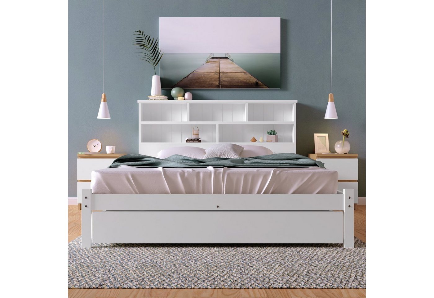 HAUSS SPLOE Holzbett Doppelbett Jugendliche und Erwachsene Kinderbett (Einzelbett oder Doppelbett, mit großer Schublade und Bücherregal Kopfteil), aus Massivholz Kiefer, Weiß, ohne Matratze, 90× 200 cm oder 140× 200 cm von HAUSS SPLOE