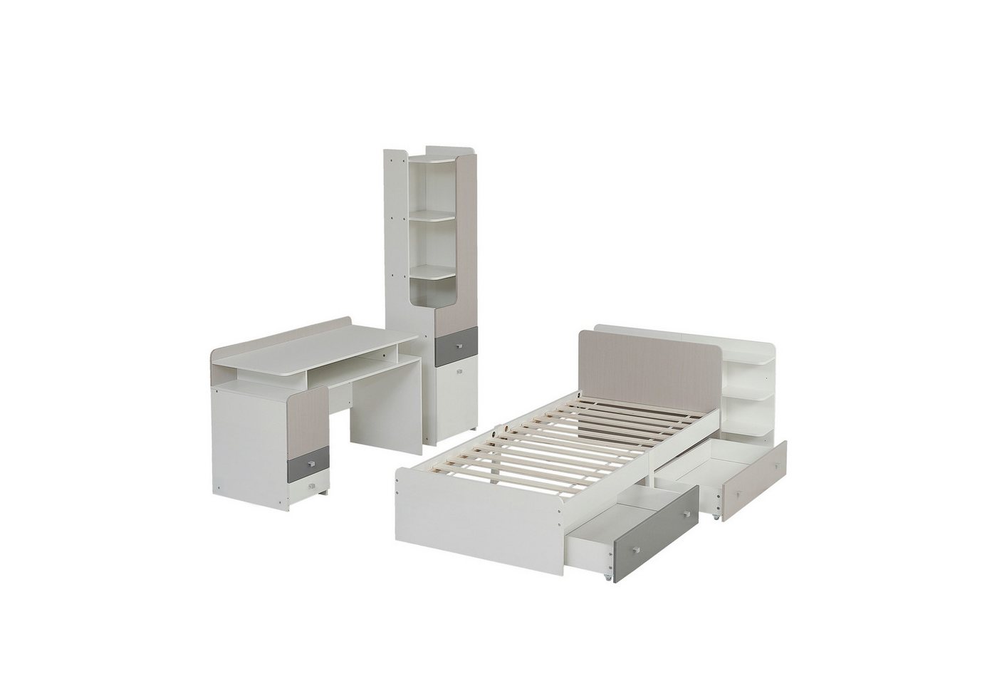 HAUSS SPLOE Holzbett Komplettschlafzimmer Set, Einzelbett, Schreibtisch, Bücherregal (Jugendbett mit Regale und Schubladen), Weiß + helle Ulmefarbe + Grau, 90x200cm von HAUSS SPLOE