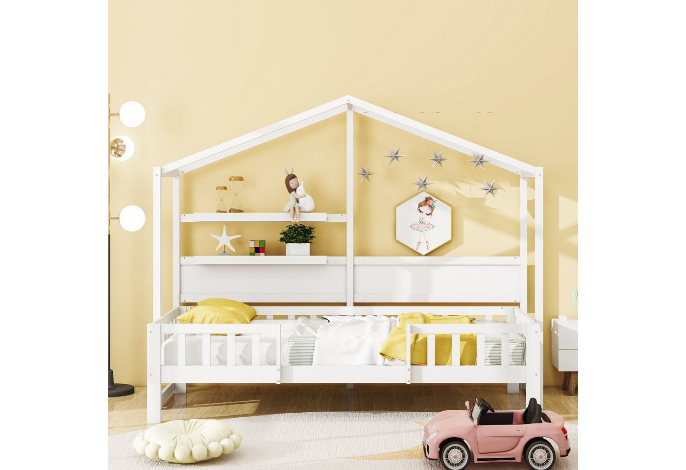 HAUSS SPLOE Kinderbett 90 x 200 cm Schlafsofa mit lustigem Dach und Sicherheitszaun, Weiß von HAUSS SPLOE