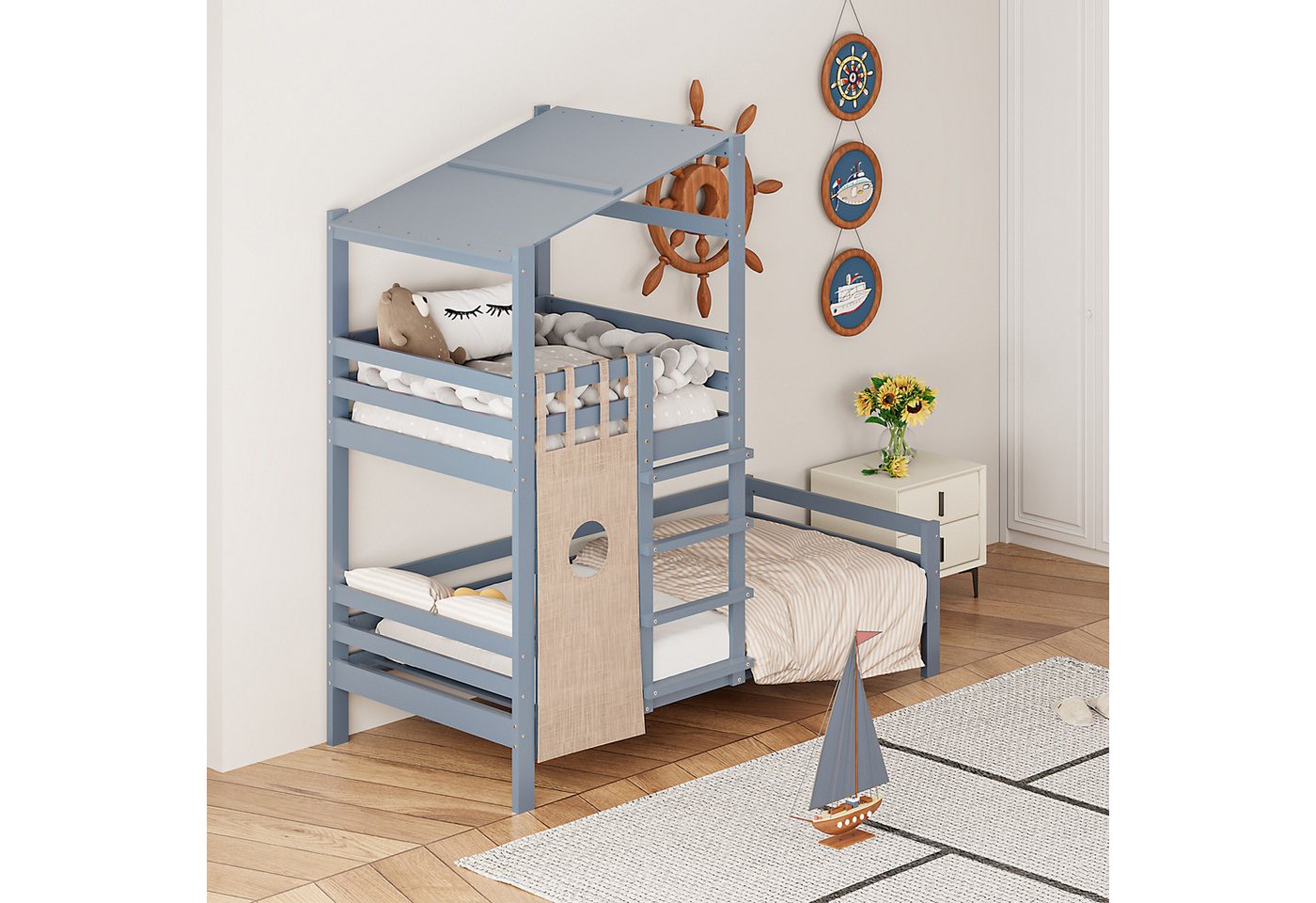 HAUSS SPLOE Kinderbett 90x200 Etagenbett mit Dach Premium Holzbett mit Lattenrost Grau von HAUSS SPLOE