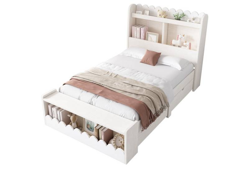 HAUSS SPOLE Kinderbett 90x200 cm mit Schubladen, Regal und Sitzbank mit Stauraum,Weiß (Einzelbett, Stauraumbett, 1-tlg., 90x200 cm, Ohne Matratze), mit Schubladen, Regal und Sitzbank von HAUSS SPOLE