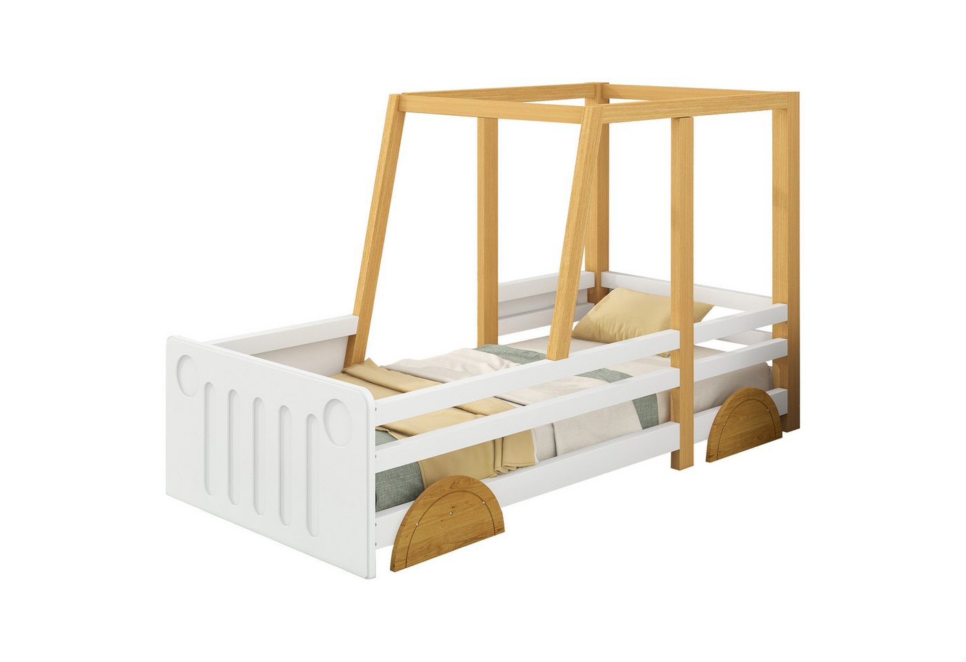 HAUSS SPOLE Kinderbett Autobett, Jeep-Bett, Kinderbett Einzelbett (weiß + natur (90x200cm) ohne Matratze), mit MDF-Rädern, Rahmen aus Kiefer von HAUSS SPOLE