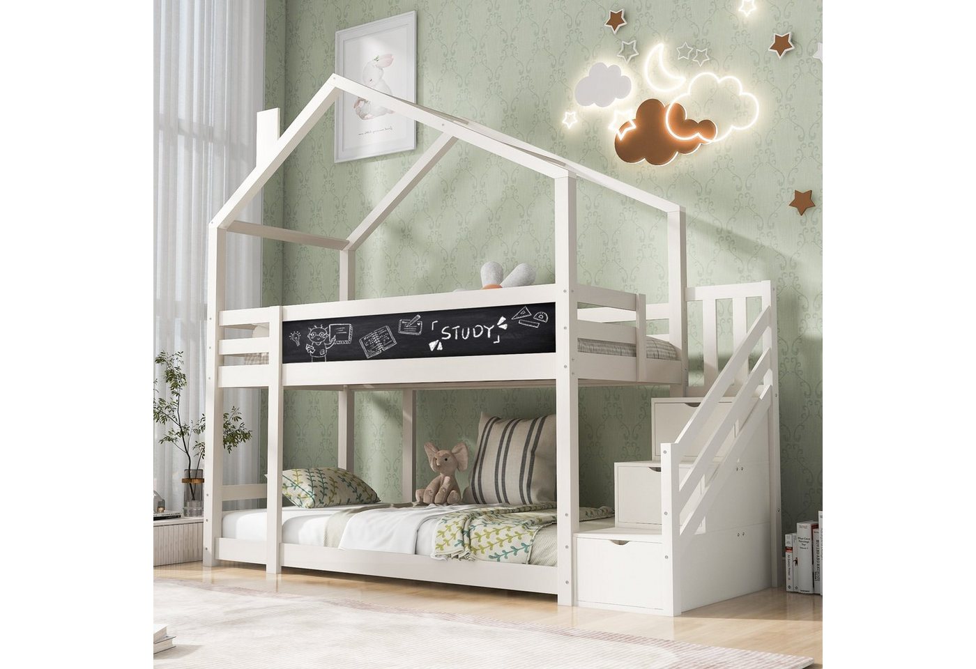 HAUSS SPLOE Kinderbett Etagenbett Kinderbett Hochbett Stockbett Hausbett (Hausbett für Mädchen und Jungen, Sicheres und durchdachtes Design Stabile Kiefernstruktur), mit Treppe & Schubladen, bodentief, massivholz, weiß von HAUSS SPLOE