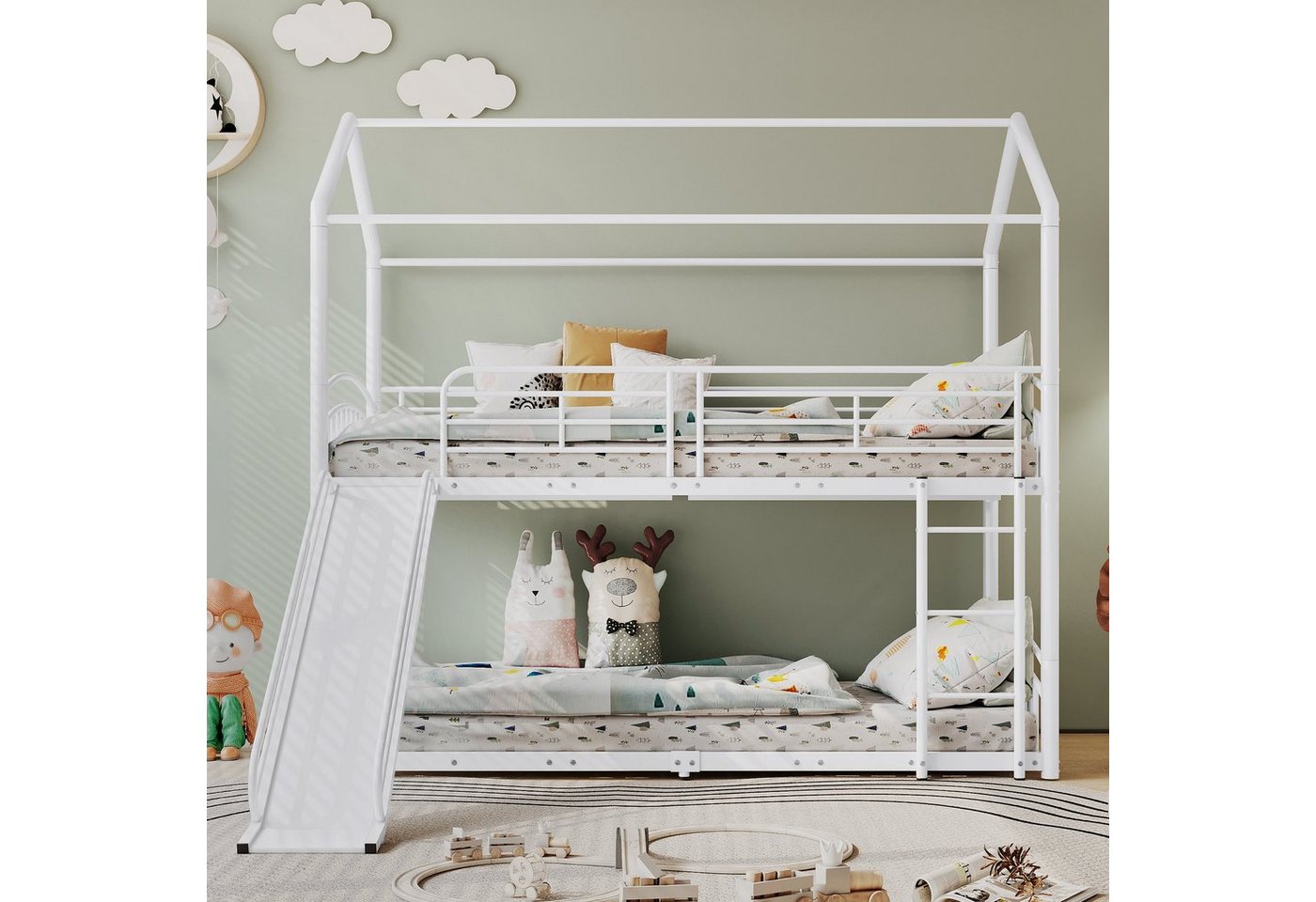 HAUSS SPLOE Kinderbett Hausbett Kinderbett Bettrahmen Metallbett Einzelbett (mit Fallschutz und Gitter, Metallrahmen, mit Treppe mit rechtwinkliger Leiter, Hausbett mit Rutsche 90x200cm), Ohne Matratze von HAUSS SPLOE