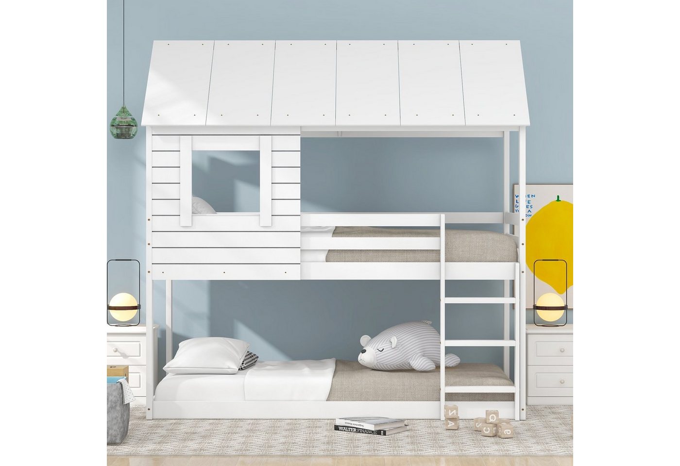 HAUSS SPLOE Kinderbett Hausbett Kinderbett Einzelbett Bettrahmen Bodenbett (Sicheres und durchdachtes Design Stabile Kiefernstruktur, Hausbett für Mädchen und Jungen), mit Leiter & Baldachin, bodentief von HAUSS SPLOE