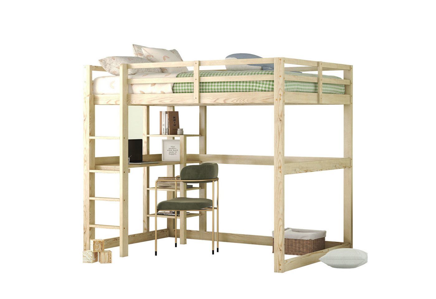 HAUSS SPOLE Kinderbett Kinderbett Hochbett Bettgestell mit einer Schreibtischplatte (komplett aus Kiefer, (weiß, 140 X 200 cm), mit 4 Ablagefächern und einer Schreibtischplatte von HAUSS SPOLE