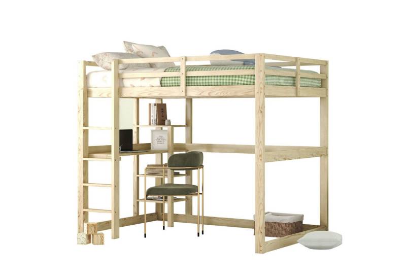 HAUSS SPOLE Kinderbett Kinderbett Hochbett Bettgestell mit einer Schreibtischplatte (komplett aus Kiefer, (weiß, 140 X 200 cm), mit 4 Ablagefächern und einer Schreibtischplatte von HAUSS SPOLE
