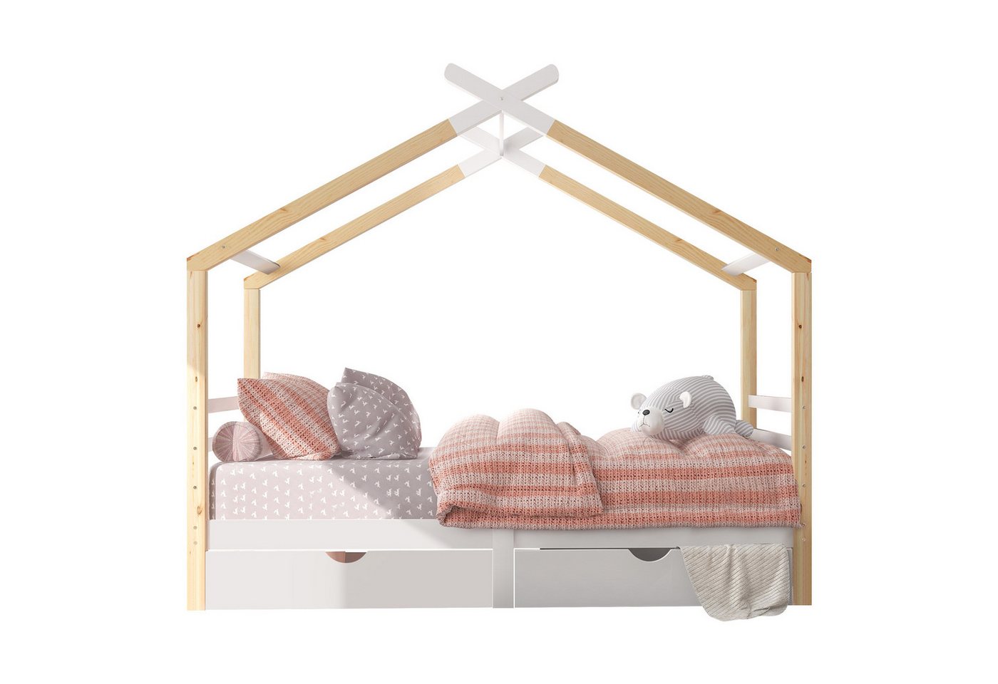 HAUSS SPLOE Kinderbett Kinderbett Holzhaus Bett Bodenbett Bettgestell Einzelbett (Haus Bett 90x200cm, mit 2 Schubladen ohne Matratze aus Massivholz) von HAUSS SPLOE