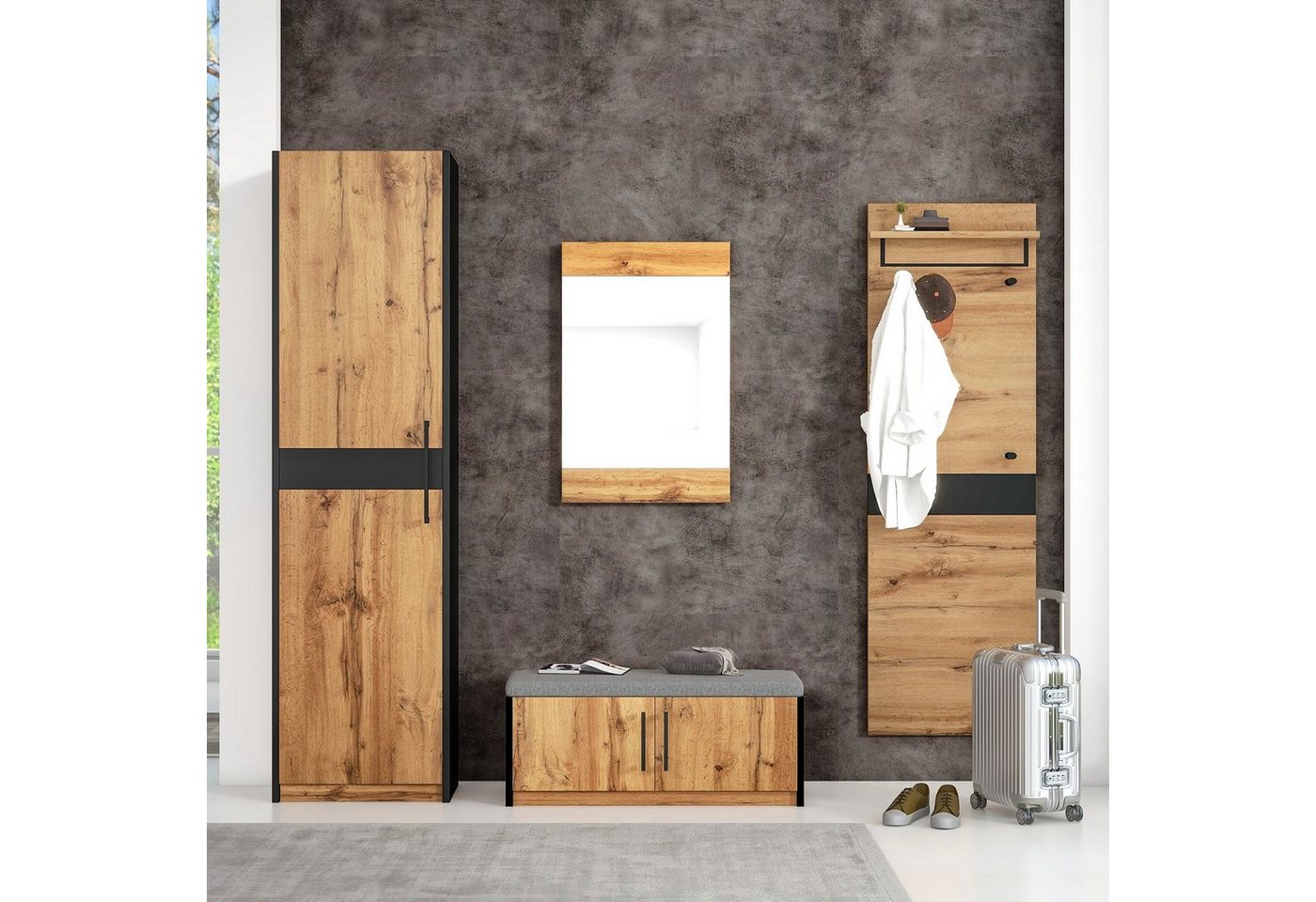 HAUSS SPLOE Kleiderschrank Garderoben-Set Flurgarderobe Garderobe Flurkleiderschrank (4-St., Stylishe Kompaktgarderobe mit 4 Kleiderhaken, Stangen und Ablage) Praktischer Set 4-teilig mit Spiegel und Sitzbank, Wandgarderobe von HAUSS SPLOE