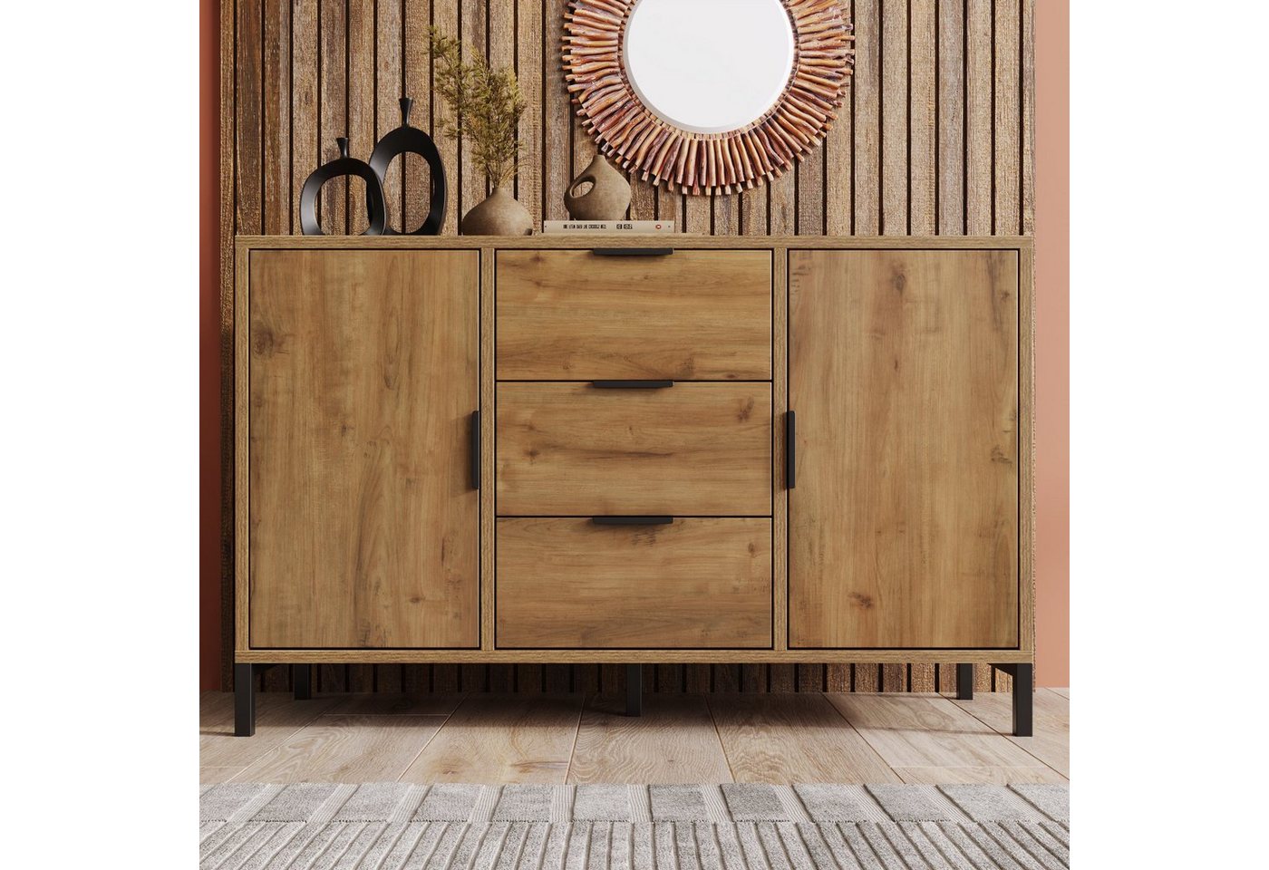 HAUSS SPLOE Kommode Schubladenkommode, Sideboard Highboard Kommode (mit 2 Türen und 3 Schubladen), Verstellbare Ablage, Sideboard Highboard für Schlafzimmer & von HAUSS SPLOE