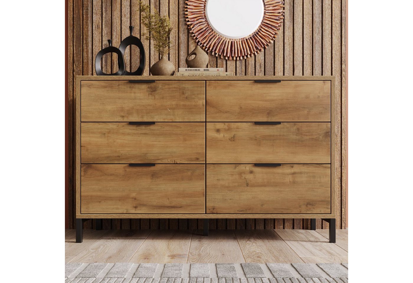 HAUSS SPLOE Kommode Schubladenkommode, Sideboard Highboard Kommode (mit 6 Schubladen, 120 x 40 x 83 cm in Dunkle Eiche), Highboard für Schlafzimmer & alle Wohnräume von HAUSS SPLOE