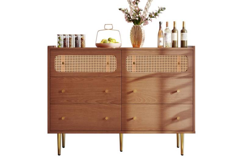 HAUSS SPOLE Kommode Schubladenkommode Kommode Rattan Sideboard Highboard (Schubladenkommode mit 6 Schubladen aus Massivholz Holz) von HAUSS SPOLE