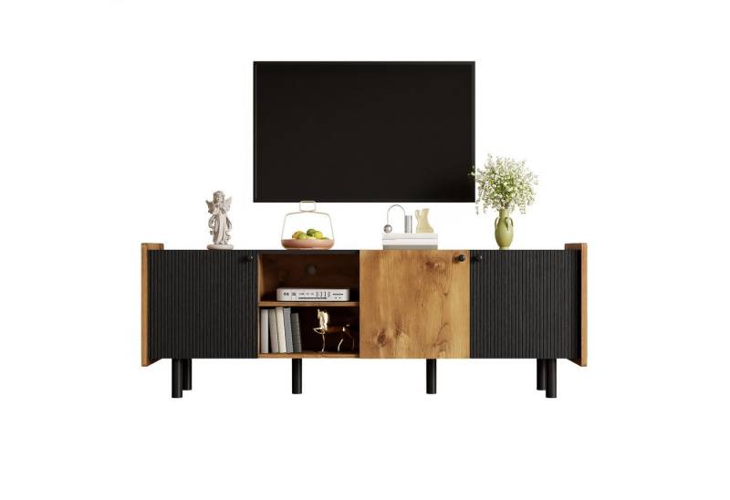 HAUSS SPLOE Lowboard Moderner Stil mit Drei Türen und Zwei Offenen Fächern Schwarz (Fernsehtisch,TV-Board,TV-Ständer, 1 St., 3Türen und 2 Offenen Fächern), mit Dämpfungsscharniere von HAUSS SPLOE