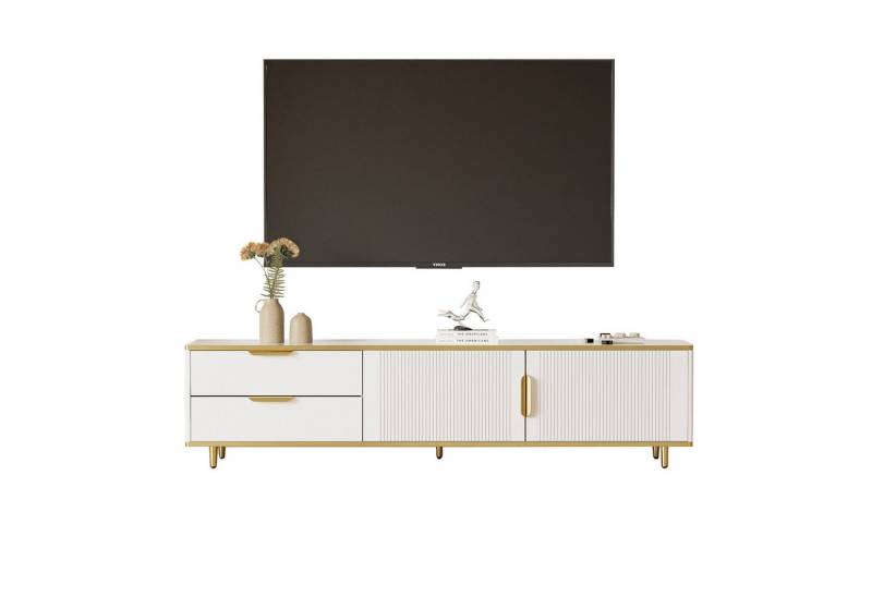 HAUSS SPOLE Lowboard mit geschnitzter Textur, goldenen Griffen, 2 Schubladen und 2 Türen (Fernsehtisch, TV-Board mit Marmorstruktur, 2 Schubladen und 2 Türen), mit niedriger Teller mit geschnitzter Textur, goldenen Griffen/Füßen von HAUSS SPOLE