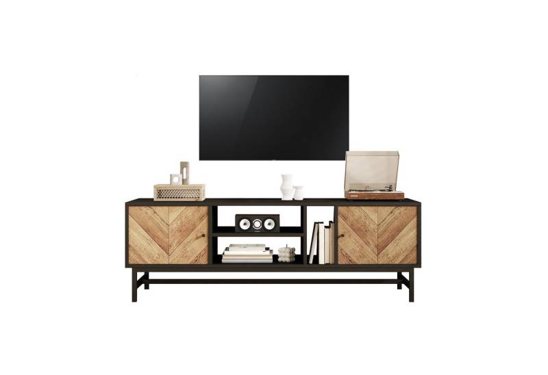 HAUSS SPOLE Lowboard mit vielseitigem Stauraum modernes und minimalistisches Design Schwarz (TV-Schrank Fernsehtisch,TV-Board,TV-Ständer, 1 St., 3 offene Fächer, 2 Türen), mit umgedrehten V-Form Holztür von HAUSS SPOLE