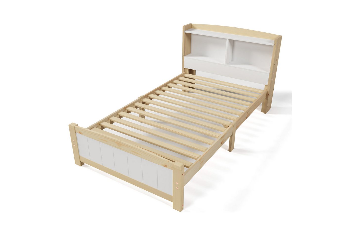 HAUSS SPOLE Massivholzbett Jugendbetten Massivholz Einzelbett Bettgestell Holzbett Kinderbett (Natur+Weiß 140x200cm), mit Lattenrost, Kiefernholz und Matratze von HAUSS SPOLE