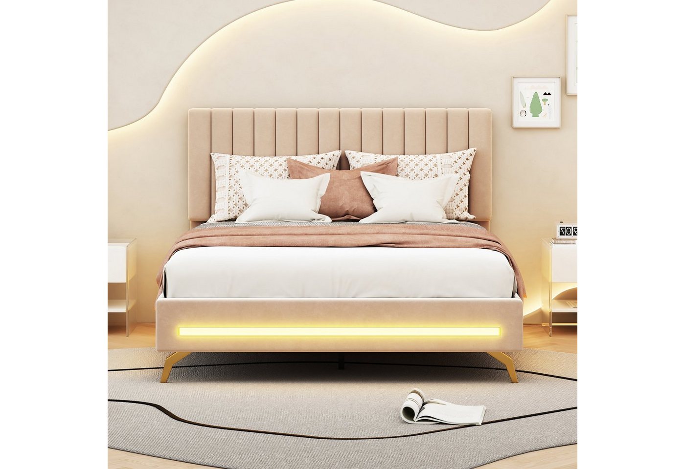 HAUSS SPLOE Polsterbett 140 x 200 cm, mit LED-Leuchten und verstellbarem Kopfteil, Beige von HAUSS SPLOE