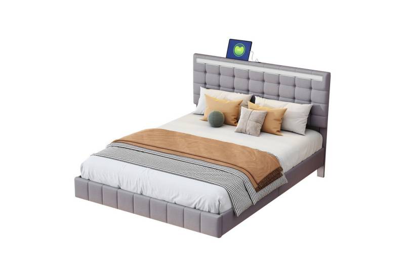 HAUSS SPOLE Polsterbett 140 x 200 cm mit LED-Leuchten und Kopfteildesign in Leinen Grau, hautfreundlichem Leinen Beige von HAUSS SPOLE