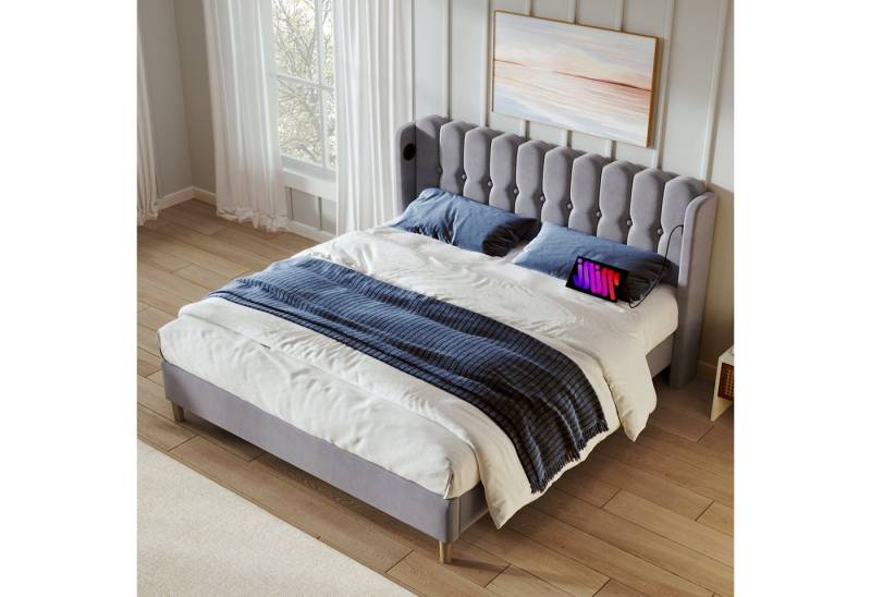 HAUSS SPOLE Polsterbett 140 x 200 cm mit USB Typ C Ladefunktion Leinen Grau (Ohne Matratze) von HAUSS SPOLE