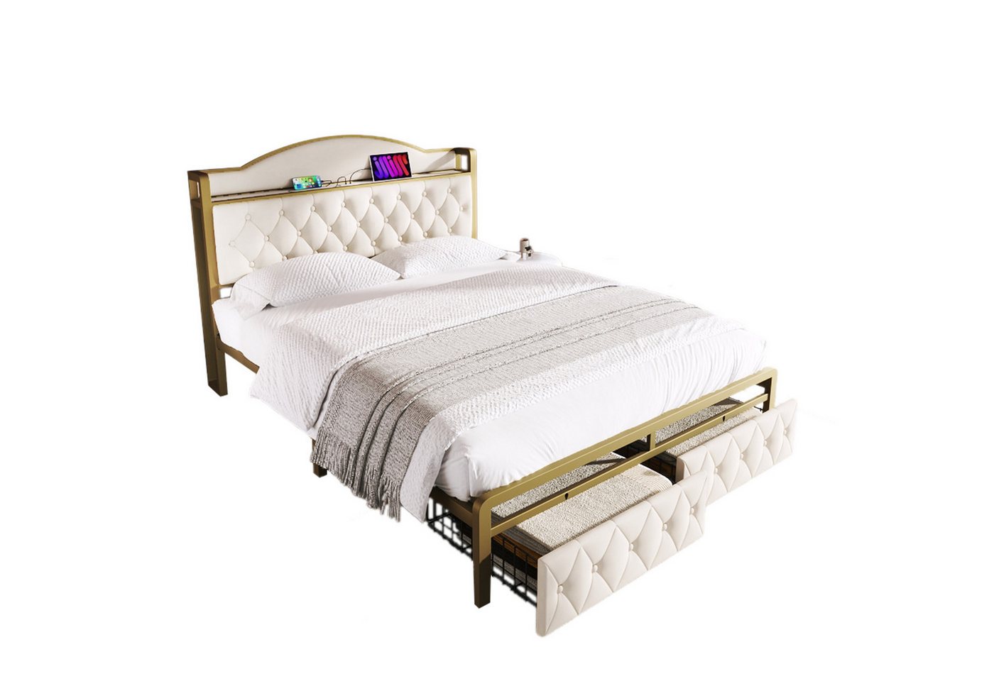 HAUSS SPOLE Polsterbett 140 x 200 mit Ladefunktion und Schubladen, HellBeige Mit Matratze (2 Schubladen), Platz sparen von HAUSS SPOLE