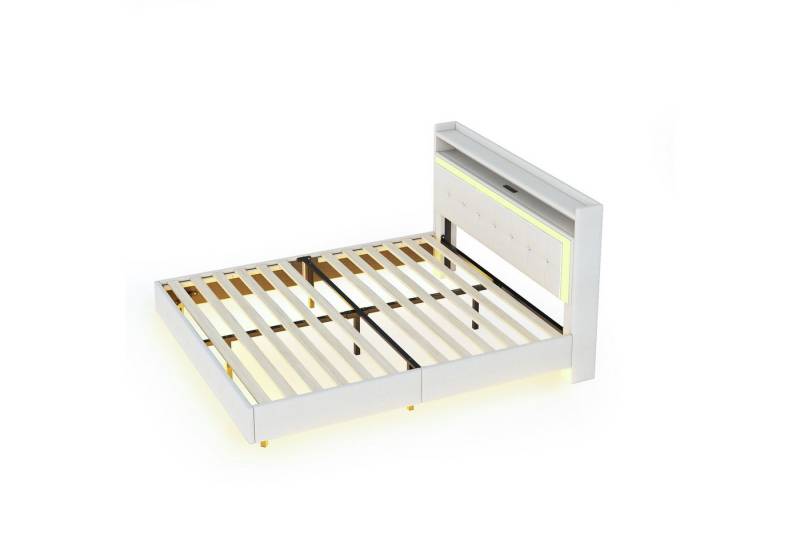 HAUSS SPLOE Polsterbett 140 x 200cm mit USB-Steckdose und LED-Licht, Leinenstoff Beige (verstecktes Fußdesign, Doppelflachbett, Leinenstoff, 140*200 cm), ohne Matratze von HAUSS SPLOE