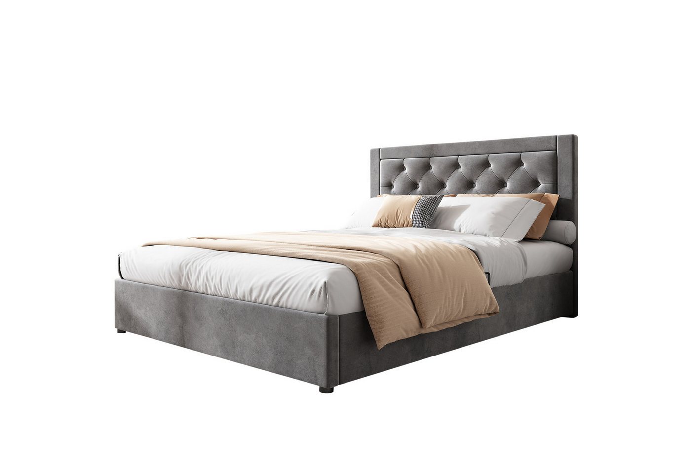 HAUSS SPOLE Polsterbett 140X200cm mit linker und rechter abhebbarer Bettkasten, Samt, Grau (Doppelbett aus Stahlrahmen,Samt,140*200cm,grau, Stauraumbett mit linker und rechter abhebbarer Bettkasten) von HAUSS SPOLE