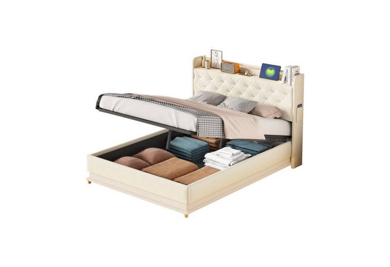 HAUSS SPOLE Polsterbett 140x200 cm mit USB-Anschluss und LED-Beleuchtung, Leinen, Beige (Hautfreundlicher Leinenstoff 140*200 cm), ohne Matratze von HAUSS SPOLE