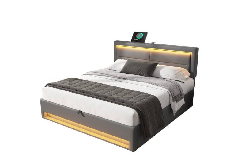 HAUSS SPLOE Polsterbett 140x200cm, mit USB-Anschluss, LED-Beleuchtung und Stauraum, Grau (ohne Matratze), mit USB-Anschluss (kabelloses/kabelgebundenes), Verstellbares Kopfteil von HAUSS SPLOE