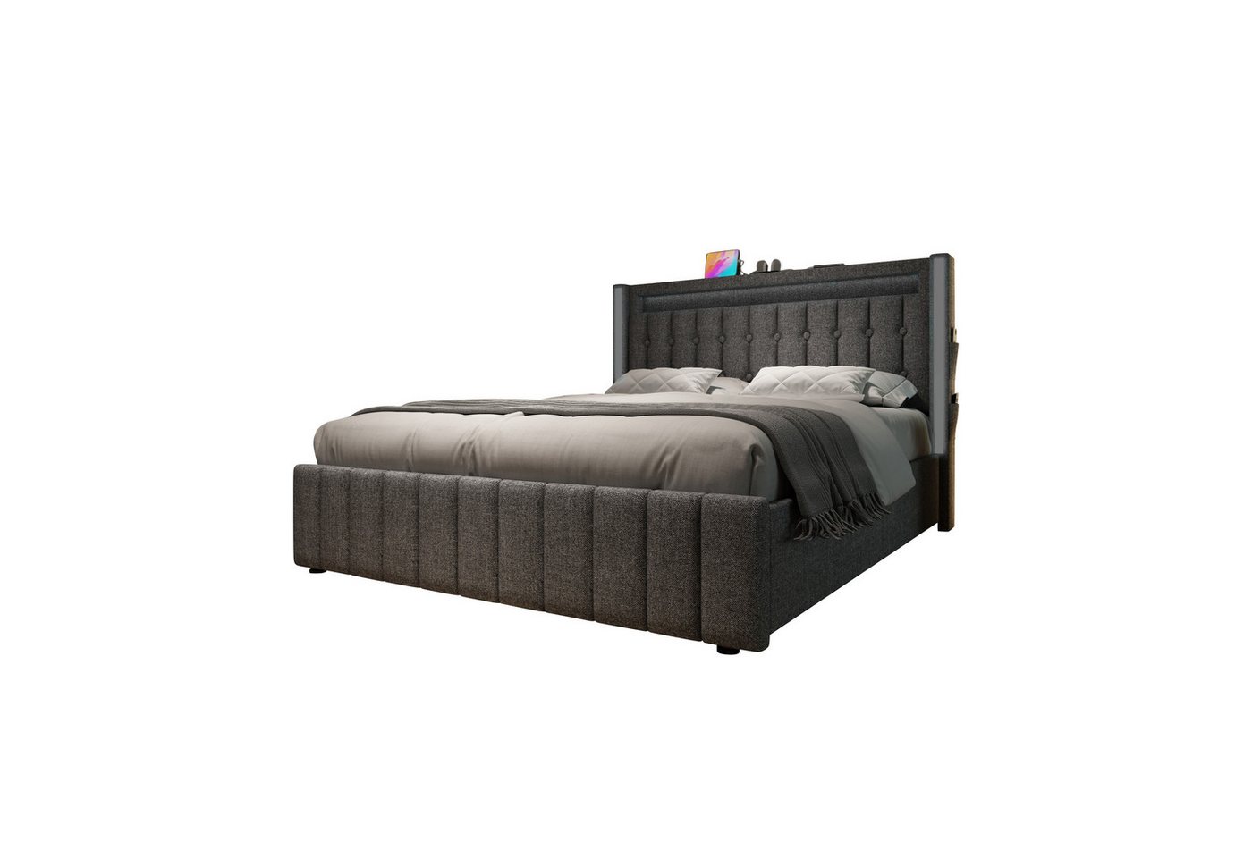 HAUSS SPOLE Polsterbett 140x200cm mit Ladefunktion LED, 4 Schubladen, Grau Ohne Matratze (4 Schubladen, ohne Matratze), Platz sparen von HAUSS SPOLE