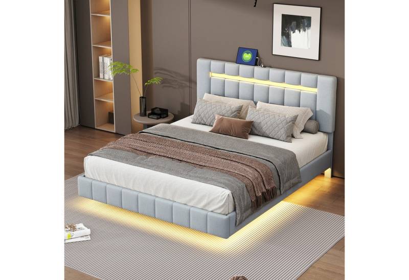 HAUSS SPOLE Polsterbett 160 x 200 cm mit LED-Leuchten und Kopfteildesign Leinen, Grau (mit integriertem LED-Licht und grauem Leinenbezug für Gästezimmer, 160x200 cm) von HAUSS SPOLE