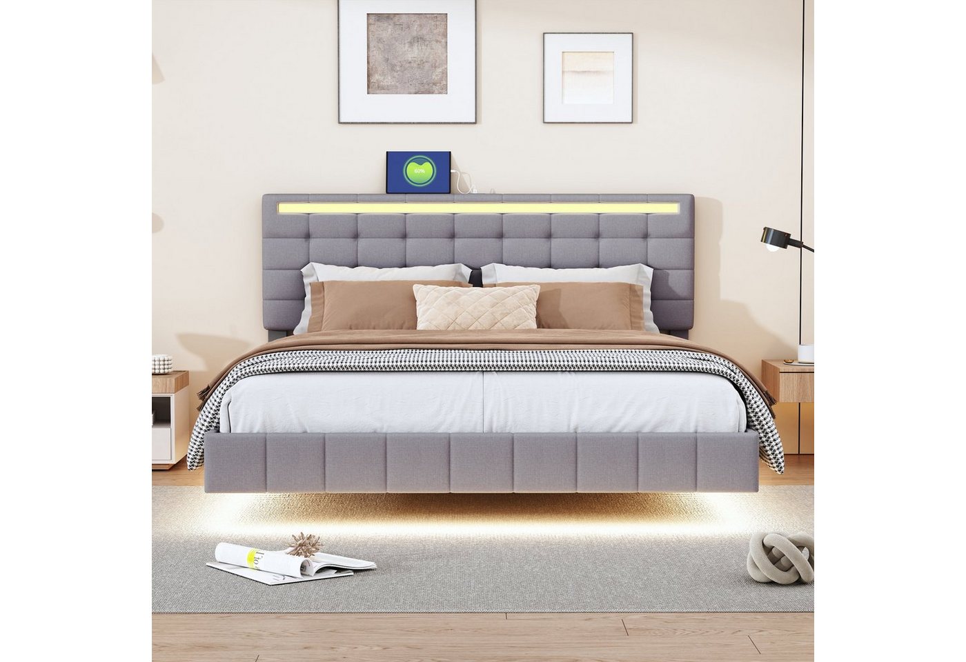 HAUSS SPLOE Polsterbett 160 x 200 cm mit LED-Leuchten und Kopfteildesign in Leinen Grau von HAUSS SPLOE