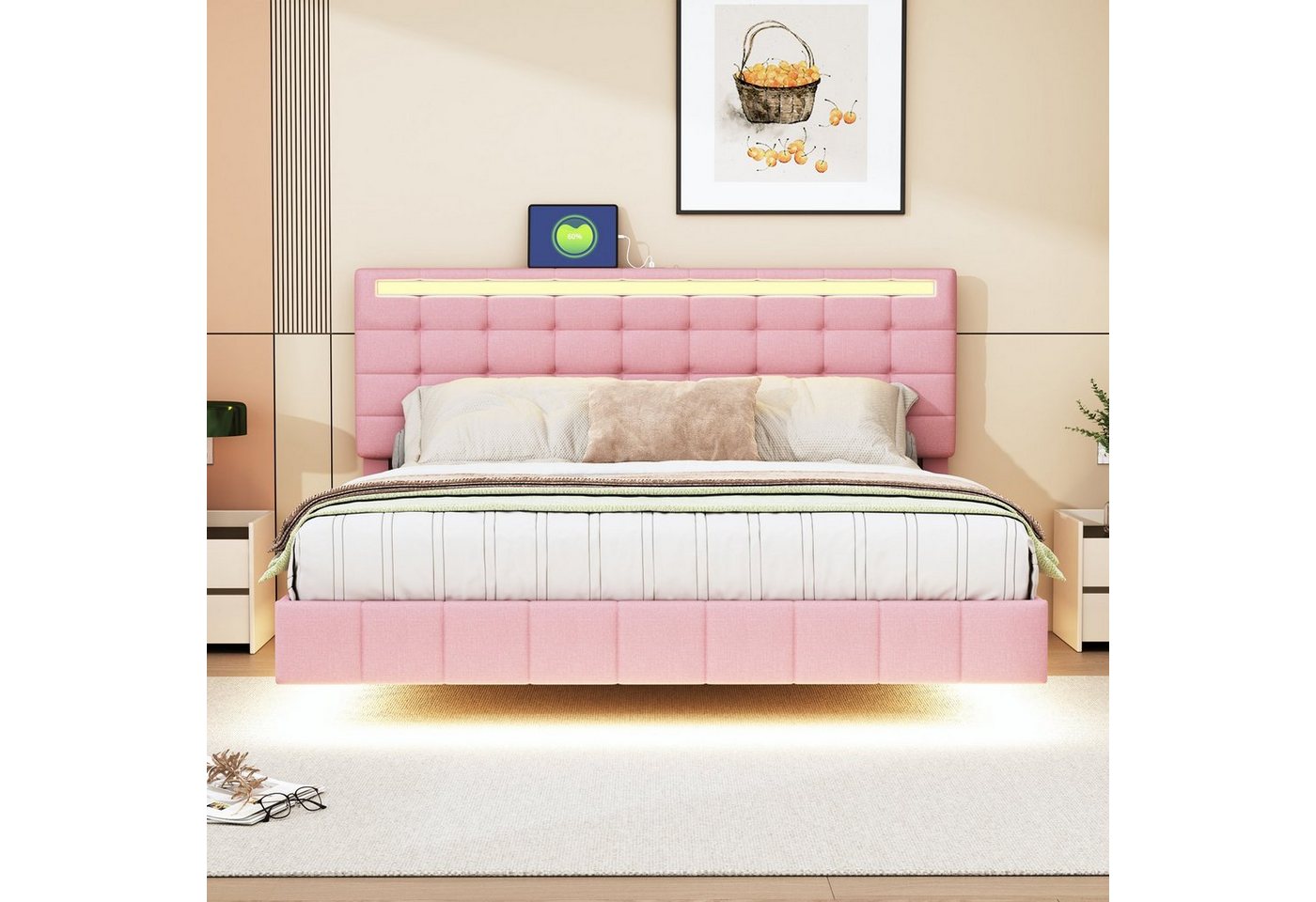 HAUSS SPLOE Polsterbett 160 x 200 cm mit LED-Leuchten und Kopfteildesign in Leinen Rosa von HAUSS SPLOE