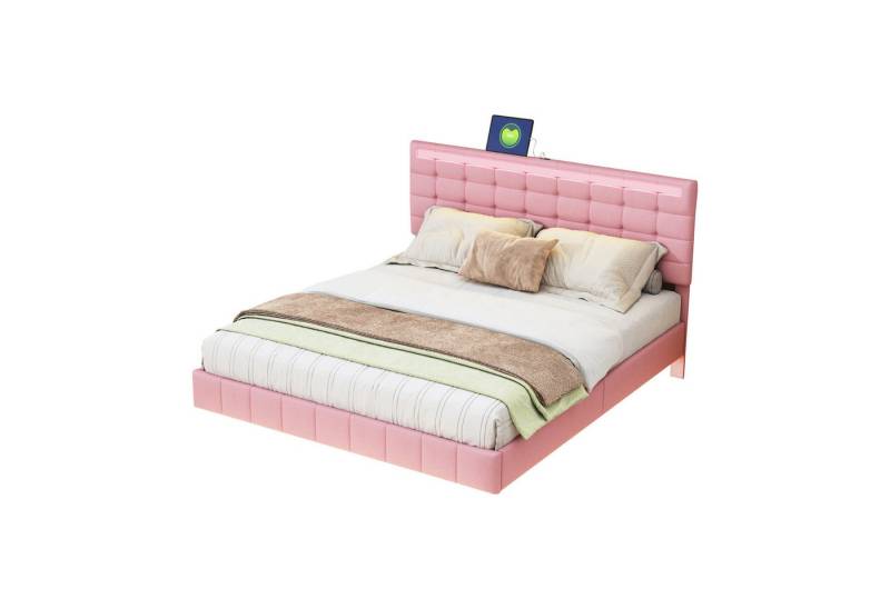 HAUSS SPOLE Polsterbett 160 x 200 cm mit LED-Leuchten und Kopfteildesign in Leinen Rosa, hautfreundlichem Leinen Beige von HAUSS SPOLE