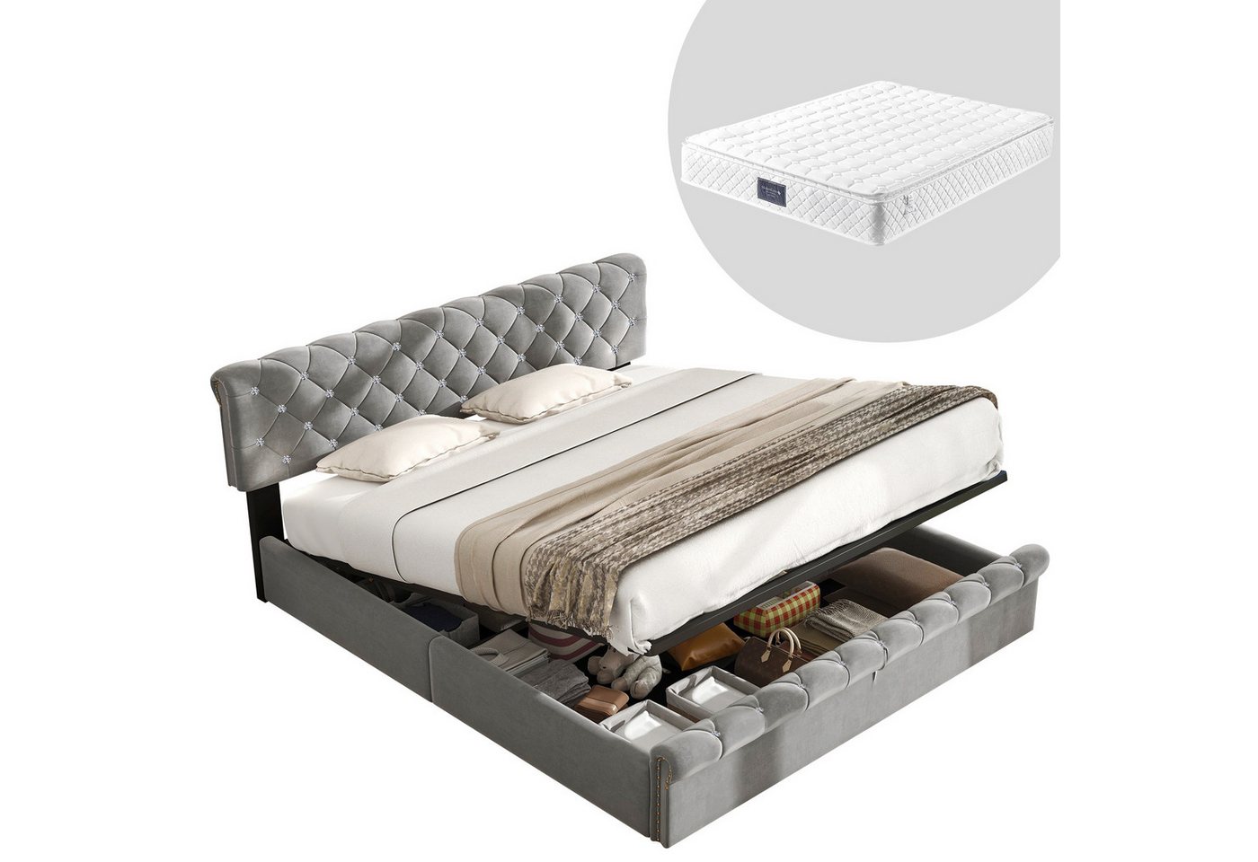 HAUSS SPOLE Polsterbett 160 x 200 höhenverstellbares Kopfteil, kristall schnalle, Samt grau, . HAUSS SPOLE Polsterbett 160 x 200 höhenverstellbares Kopfteil, kristall schnalle, Samt grau, . von HAUSS SPOLE