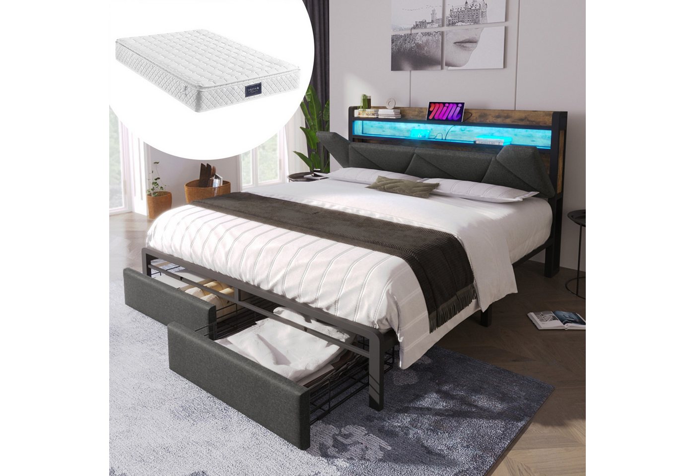 HAUSS SPOLE Polsterbett 160x 200 mit Ladefunktion Stauraum-Kopfteil LED Grau(Mit Matratze) von HAUSS SPOLE