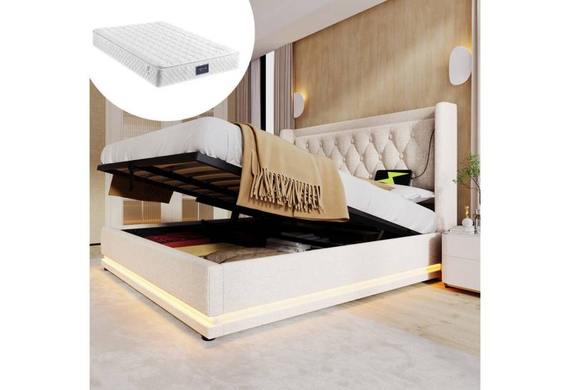 HAUSS SPOLE Polsterbett 160x200 Hydraulisches Stauraum mit Ladefunktion, Beige mit Matratze (mit Bettkasten, 2-tlg., mit Matratze, 160*200cm), mit USB Typ-C Ladefunktion, 3-seitige LED-Funktion von HAUSS SPOLE