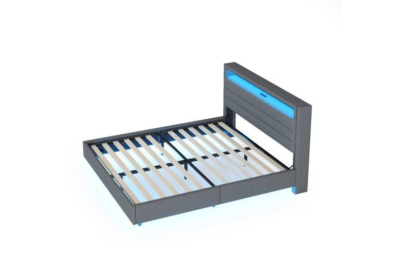 HAUSS SPLOE Polsterbett 160x200 cm mit USB-Steckdose und LED-Licht, Leinenstoff grau (verdecktes Fußteil, Doppelflachbett, Jugendbett, Erwachsenenbett, Leinenstoff), 160x200 cm von HAUSS SPLOE