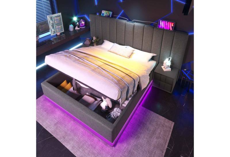 HAUSS SPOLE Polsterbett 160×200 mit App Control LED und USB-C Ladefunktion, Leinen, Grau (Doppelbett, Funktionsbett mit Bettkasten und Lattenrost, 1-tlg., 160×200cm, ohne Matratze), mit App-Steuerung LED und USB-C Ladefunktion von HAUSS SPOLE