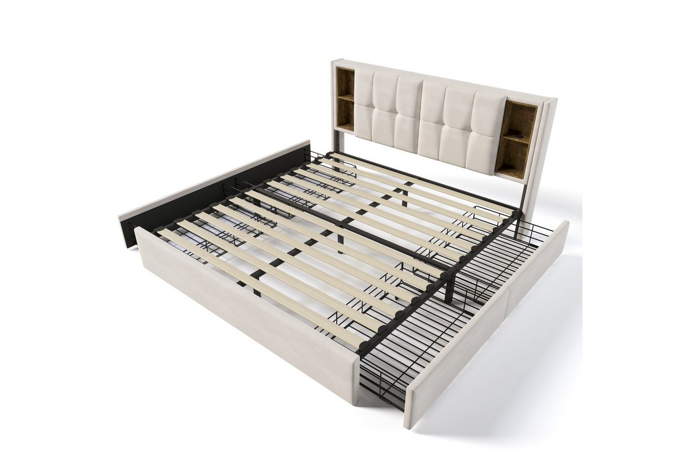 HAUSS SPOLE Polsterbett 160x200cm, mit Kabellosem Laden USB C& 4 Schubladen, Beige Samt (4 Schubladen, mit Matratze), mit Kabellosem Laden USB von HAUSS SPOLE