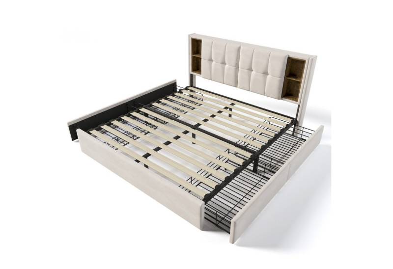 HAUSS SPOLE Polsterbett 160x200cm, mit Kabellosem Laden USB C& 4 Schubladen, Beige Samt (4 Schubladen, mit Matratze), mit Kabellosem Laden USB von HAUSS SPOLE