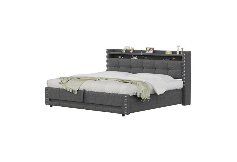 HAUSS SPOLE Polsterbett 160x200cm mit LED-Beleuchtung und USB-Steckdose, Leinenstoff Grau (Jugendbett,mit LED-Beleuchtung, USB-Anschluss & Hydraulik-Stauraum, 160 x 200 cm), ohne Matratze von HAUSS SPOLE