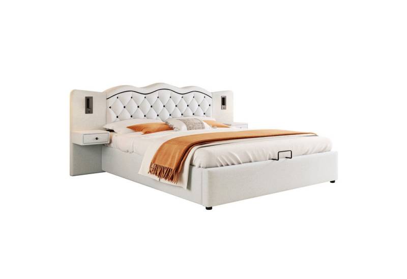 HAUSS SPLOE Polsterbett 180x200cm mit USB-Anschluss, 2 Nachttischlampen, großer Stauraum beige (integriertes Kopfteil, hydraulischer Hebemechanismus, USB-Anschluss, zwei Nachttischlampen, großer Stauraum), ohne Matratze, 180x200 cm von HAUSS SPLOE