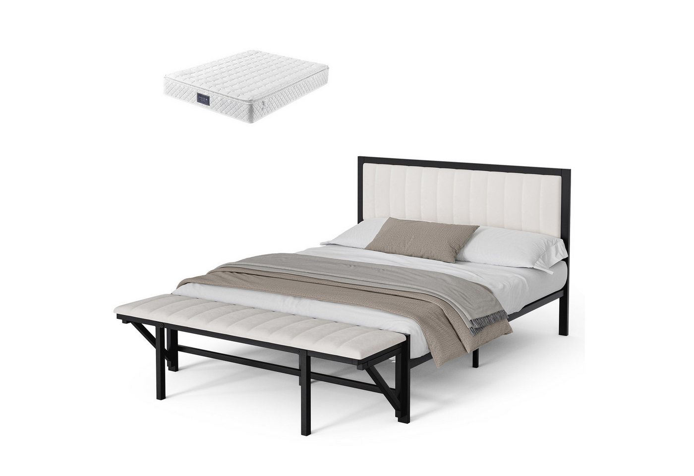HAUSS SPOLE Polsterbett Bettgestell Metallbett mit klappbarer Endbank, Stauraum, Samt, Beige (mit klappbarem Endhocker, Stauraum, Eisenrahmen), für Jugendliche & Erwachsene,mit Matratze von HAUSS SPOLE