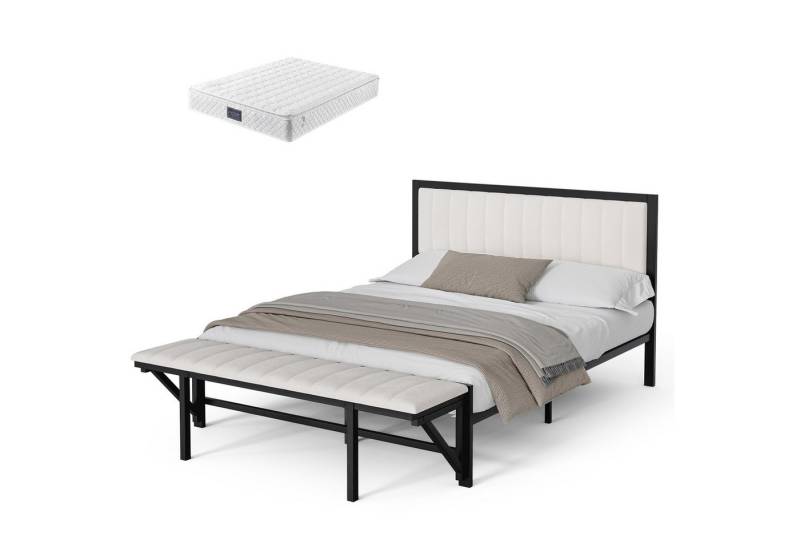 HAUSS SPOLE Polsterbett Bettgestell Metallbett mit klappbarer Endbank, Stauraum, Samt, Beige (mit klappbarem Endhocker, Stauraum, Eisenrahmen), für Jugendliche & Erwachsene,mit Matratze von HAUSS SPOLE