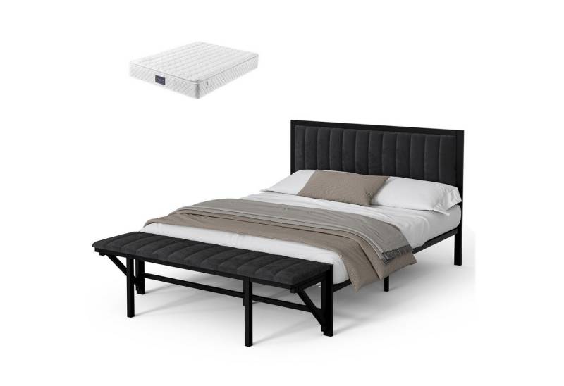 HAUSS SPOLE Polsterbett Bettgestell Metallbett mit klappbarer Endbank, Stauraum, Samt, Grau (mit klappbarem Endhocker, Stauraum, Eisenrahmen), für Jugendliche & Erwachsene,mit Matratze von HAUSS SPOLE