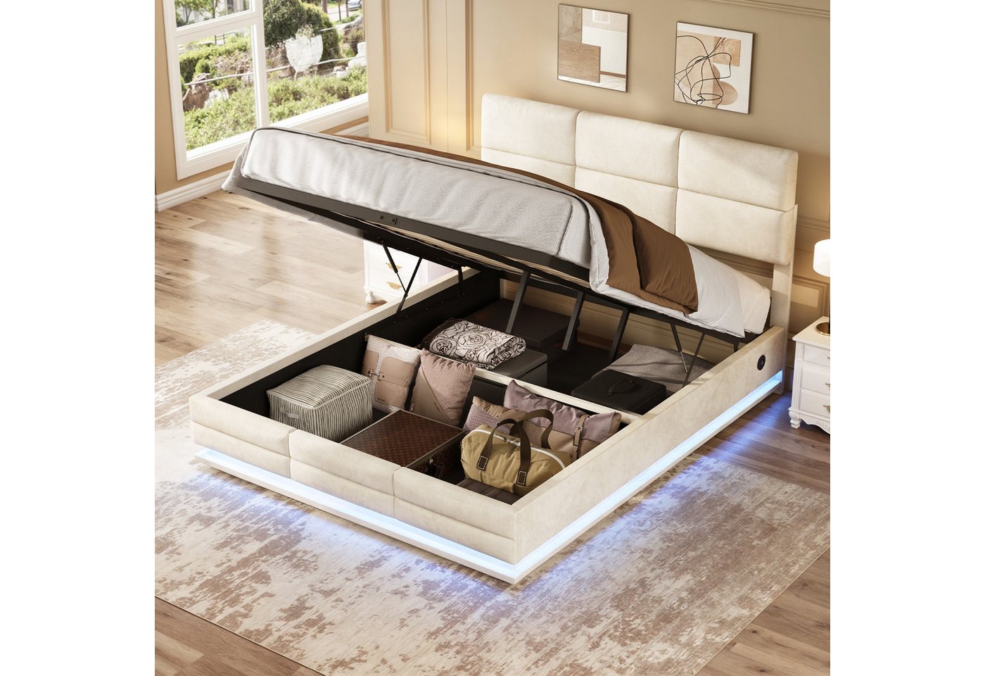 HAUSS SPOLE Polsterbett Doppelbett Stauraumbett hydraulisches Doppelbett mit LED&USB (140×200cm, Verstellbares Kopfteil,hydraulischen Doppelhebemechanismus, für Schlafzimmer, Wohnungen,ohne Matratze), mit 4-automatischen Austauschmodi und 16-Farben LED-Beleuchtung HAUSS SPOLE Polsterbett Doppelbett Stauraumbett hydraulisches Doppelbett mit LED&USB (140×200cm, Verstellbares Kopfteil,hydraulischen Doppelhebemechanismus, für Schlafzimmer, Wohnungen,ohne Matratze), mit 4-automatischen Austauschmodi und 16-Farben LED-Beleuchtung von HAUSS SPOLE